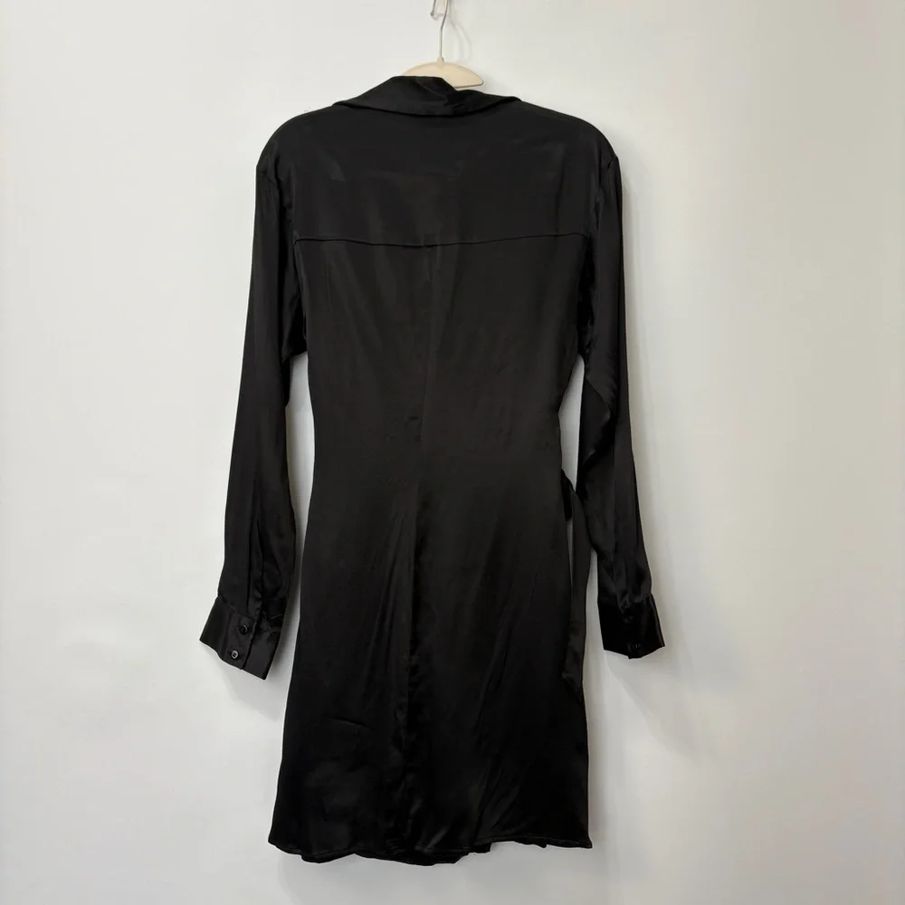 Zara Black Satin Long Sleeve Wrap Collared Short‎ Dress Size XS
